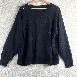 NWT Alfani Womens Black Metallic Beaded Argyle Crewneck Pullover Sweater PLUS 3X